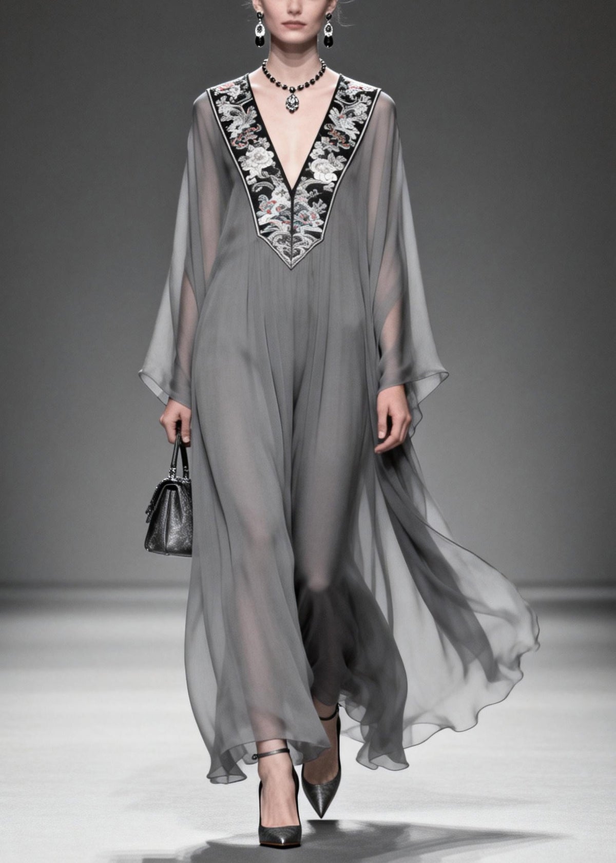 Women Grey V Neck Patchwork Chiffon Maxi Dress Summer - View 3