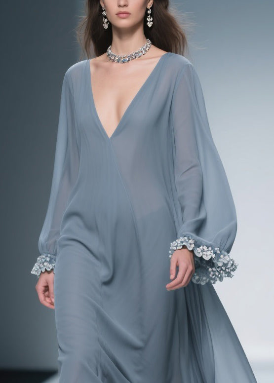 Women Haze Blue Floral Solid Chiffon Maxi Dresses - View 2