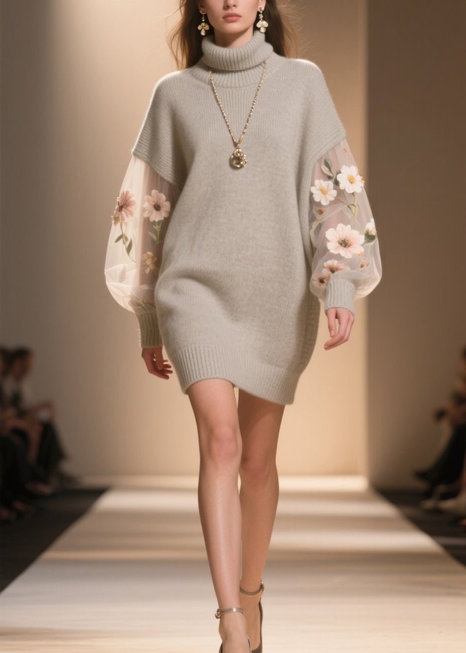 Turtleneck Floral Embroidered Mesh Lantern Sleeve Knit Sweater Mini Dress - View 5