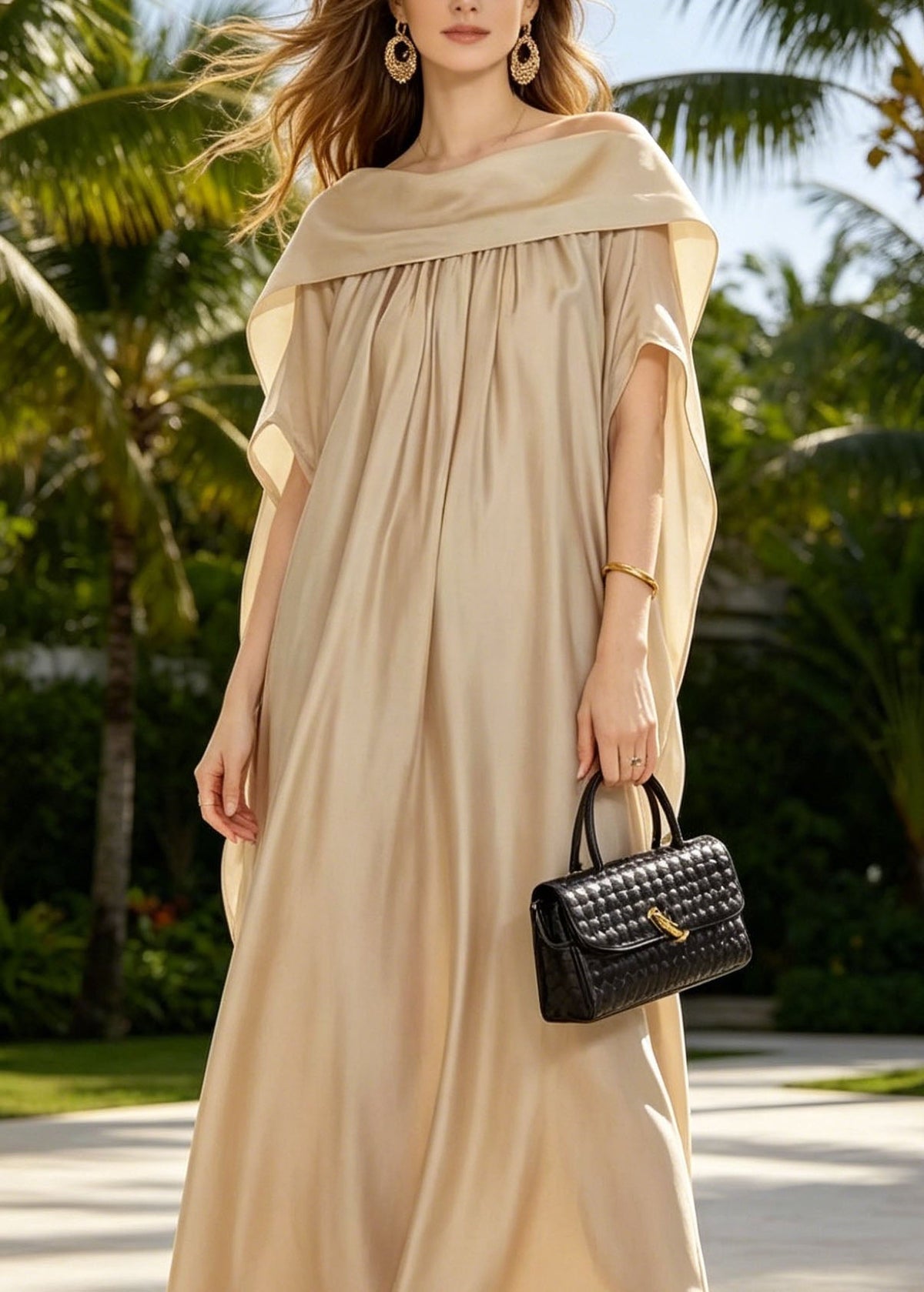 Satin Off Shoulder Draped Cape Sleeve Kaftan Maxi Gown - View 2