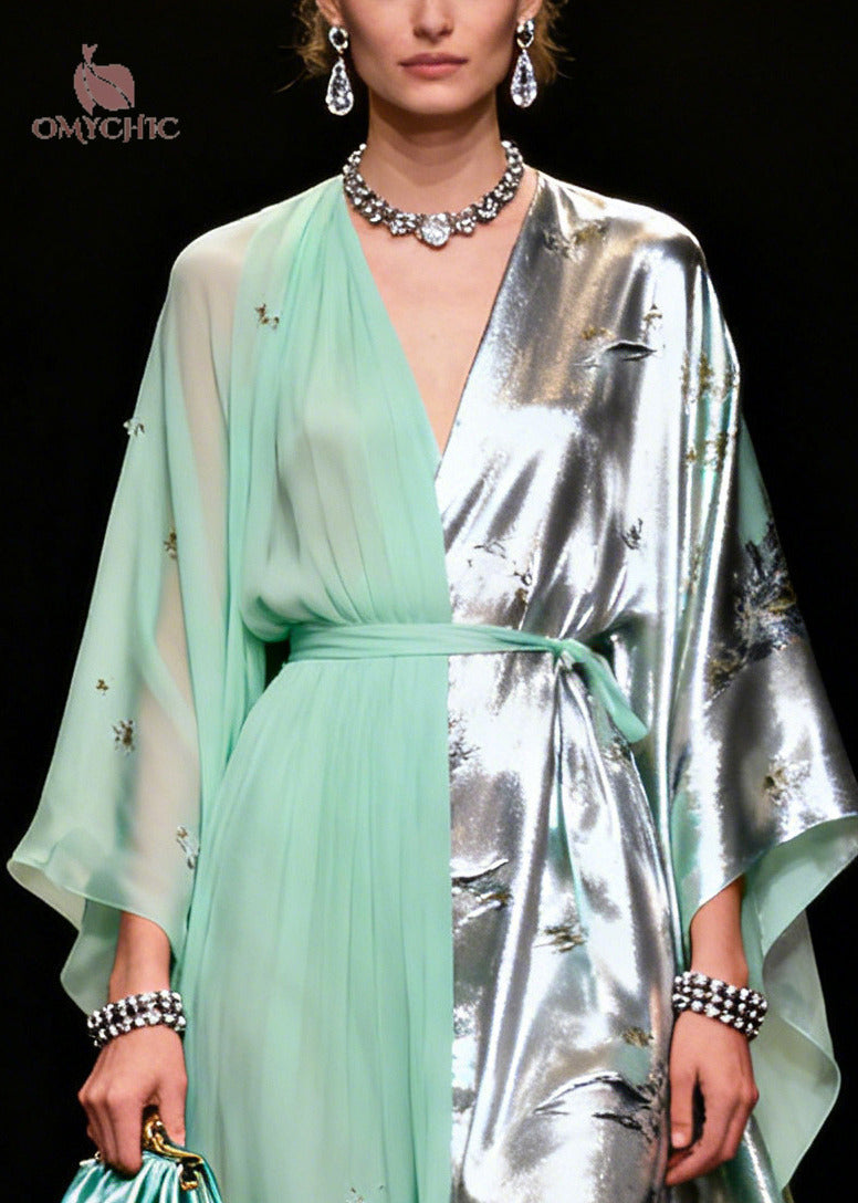 Chiffon Satin Floral Print Split Panel Kaftan Sleeve Maxi Gown - View 2