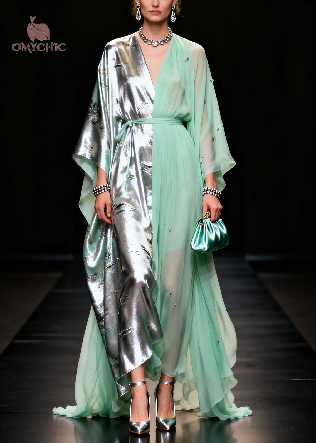 Chiffon Satin Floral Print Split Panel Kaftan Sleeve Maxi Gown - View 3