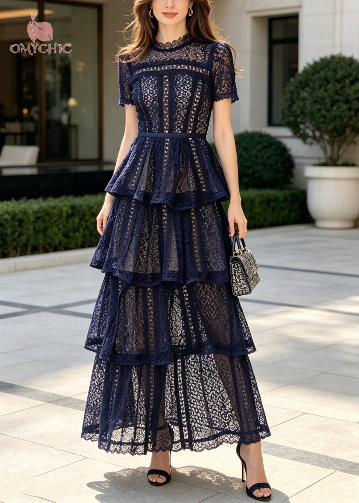 Crew Neck Short Sleeve Lace Tiered Ruffle Maxi Dress - View 3