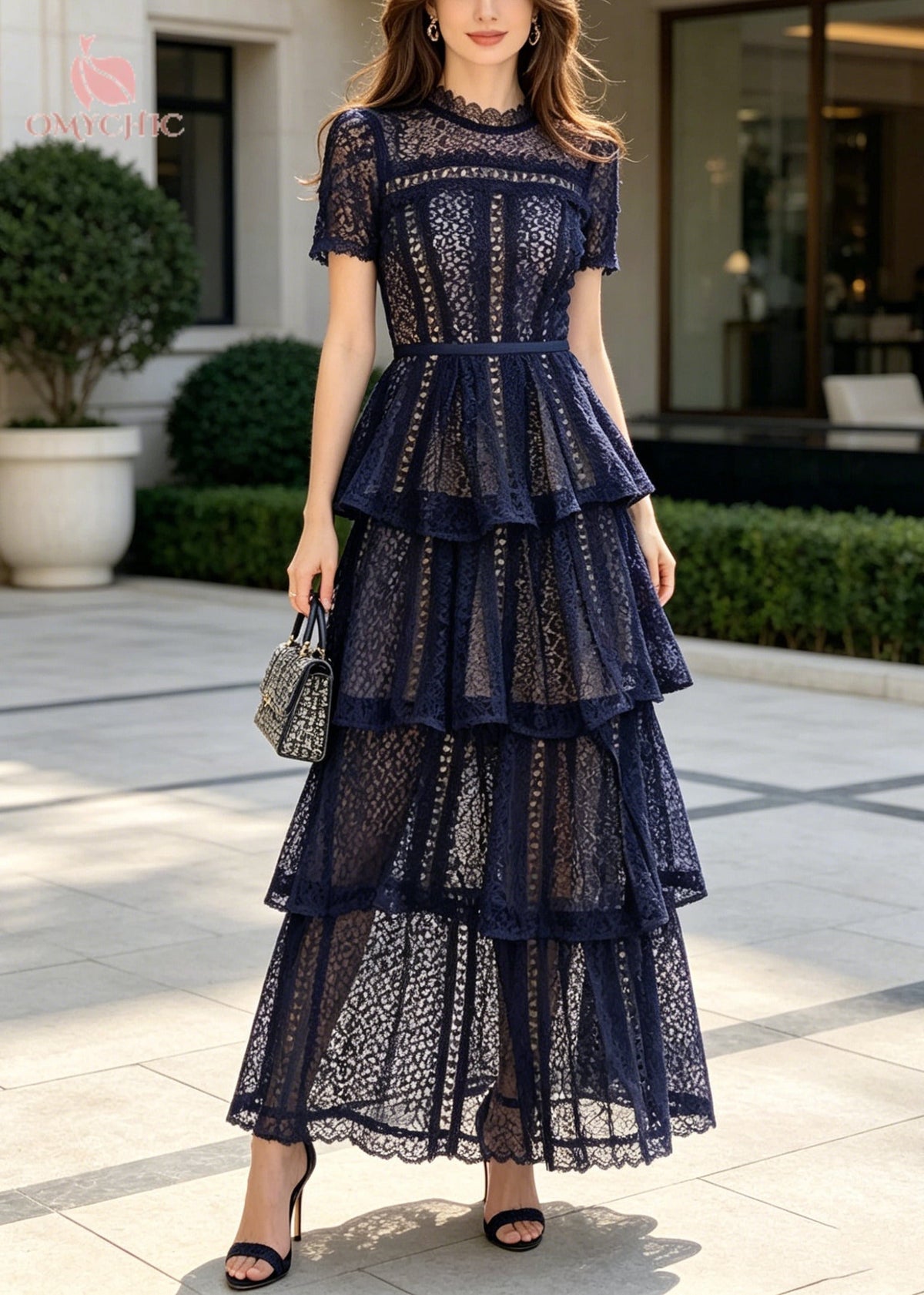 Crew Neck Short Sleeve Lace Tiered Ruffle Maxi Dress - View 5