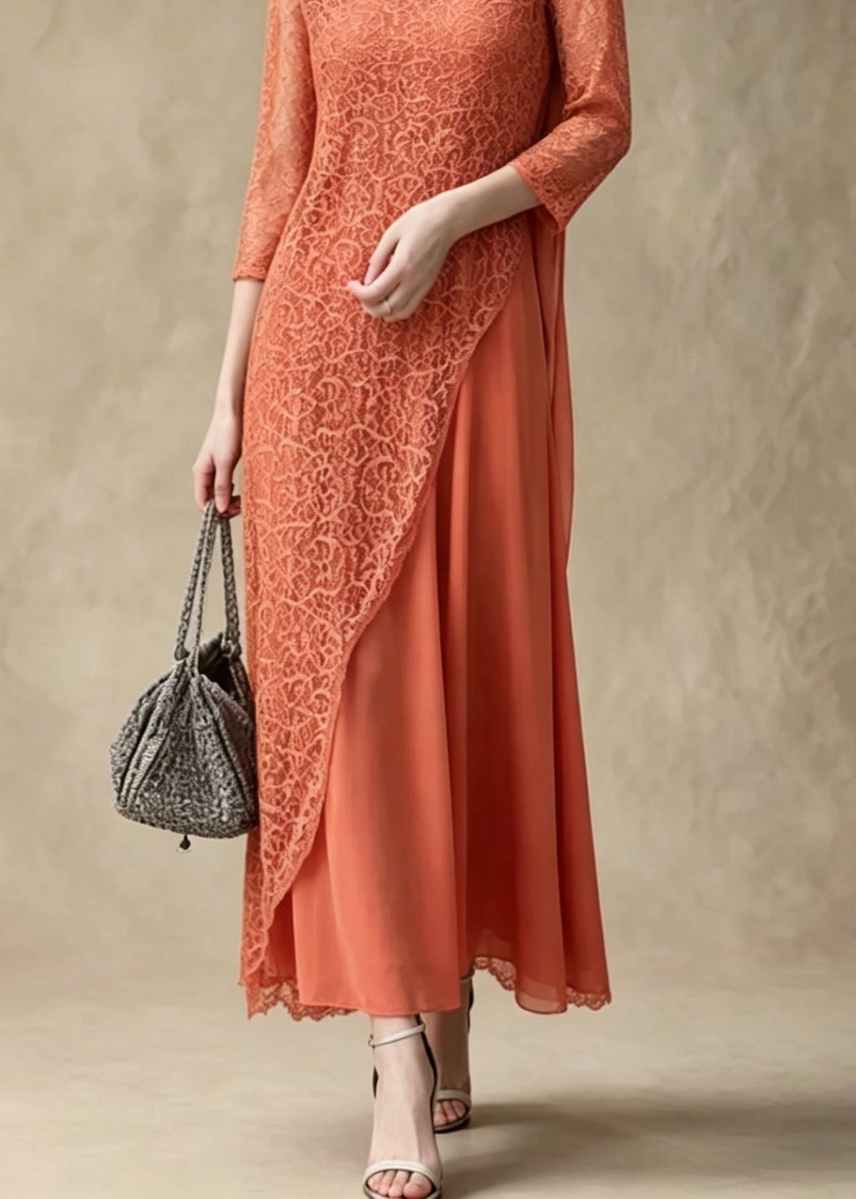Lace Floral Round Neck Asymmetric Overlay Chiffon Maxi Dress - View 4