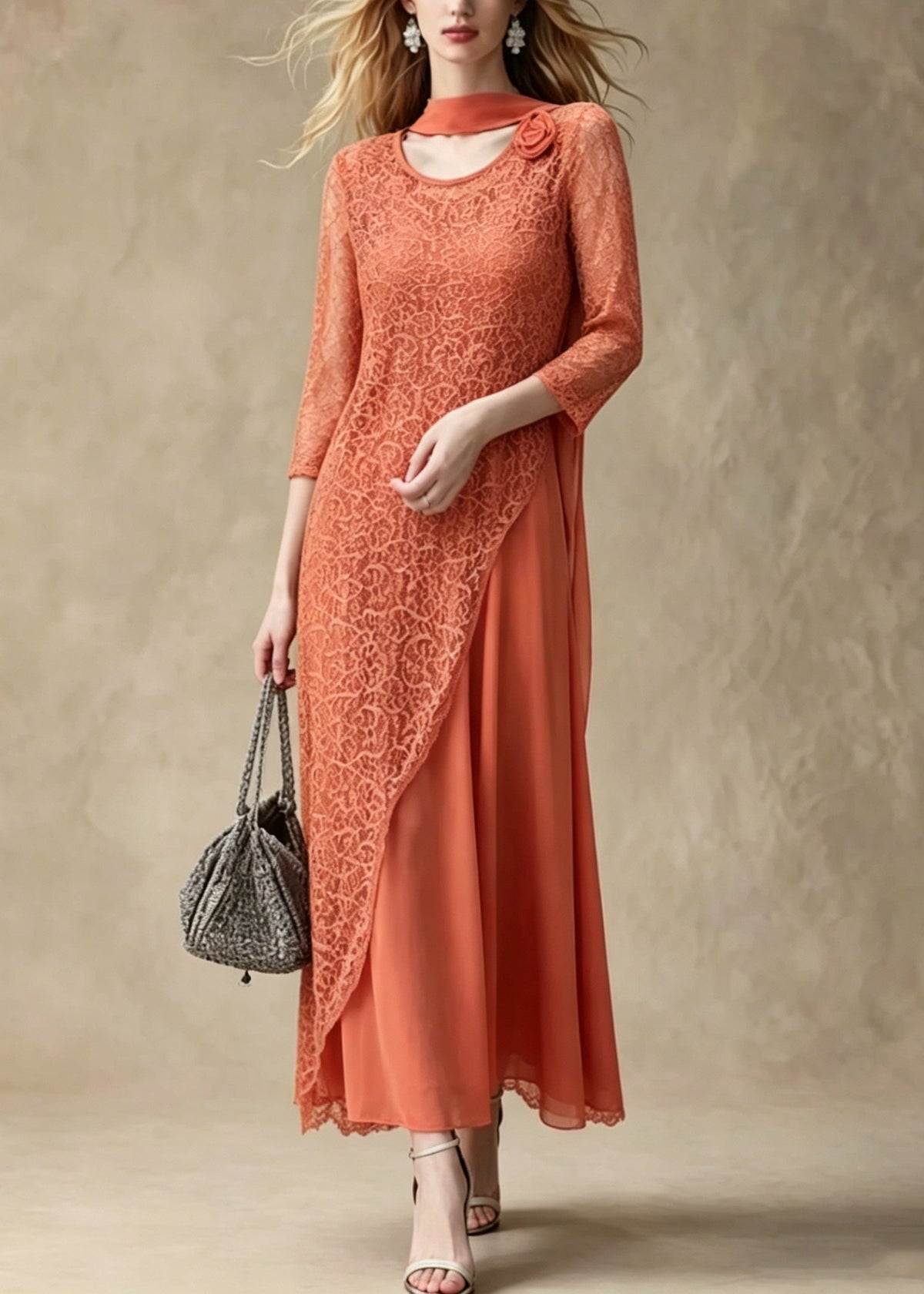 Lace Floral Round Neck Asymmetric Overlay Chiffon Maxi Dress - View 5