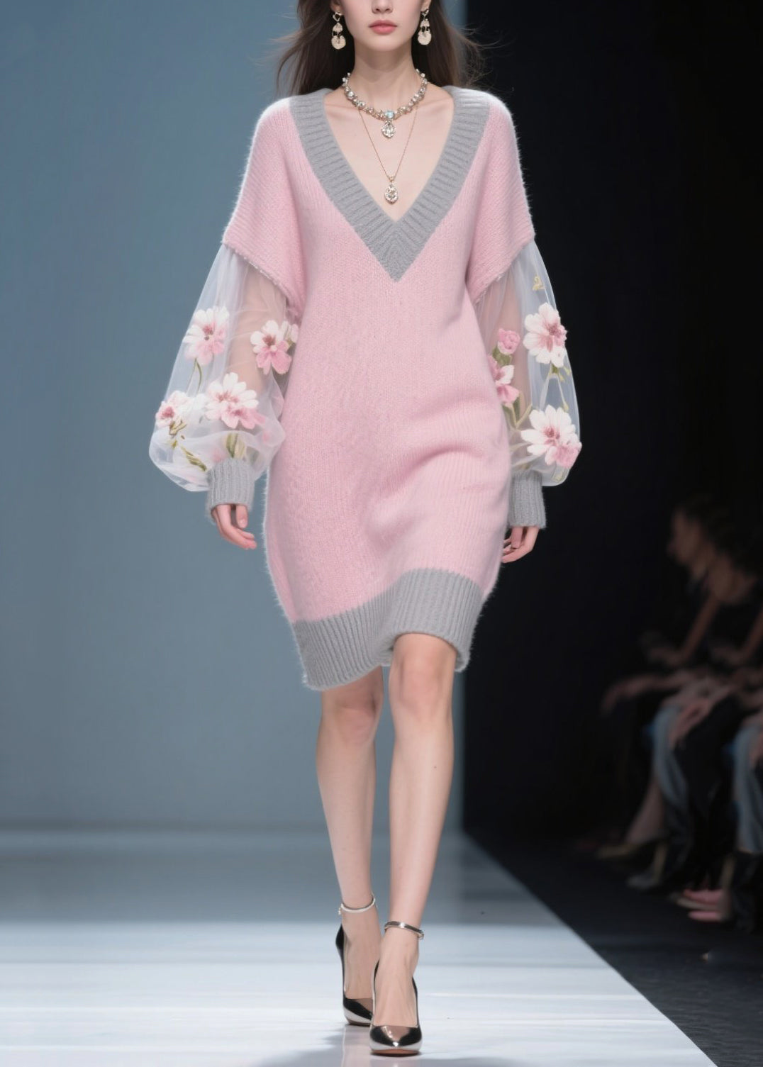 Knit V-Neck Tulle Floral Embroidery Mini Sweater Dress