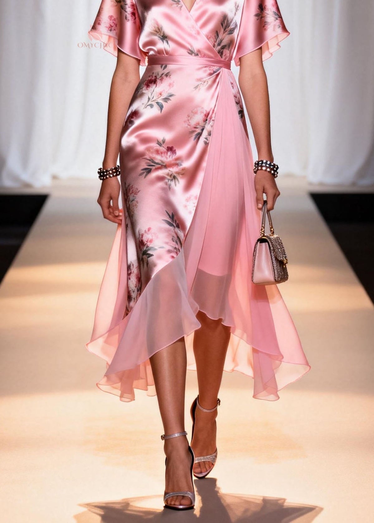 Floral Print Satin Deep V-Neck Flutter Sleeve Wrap High Low Chiffon Panel Midi Dress - View 4