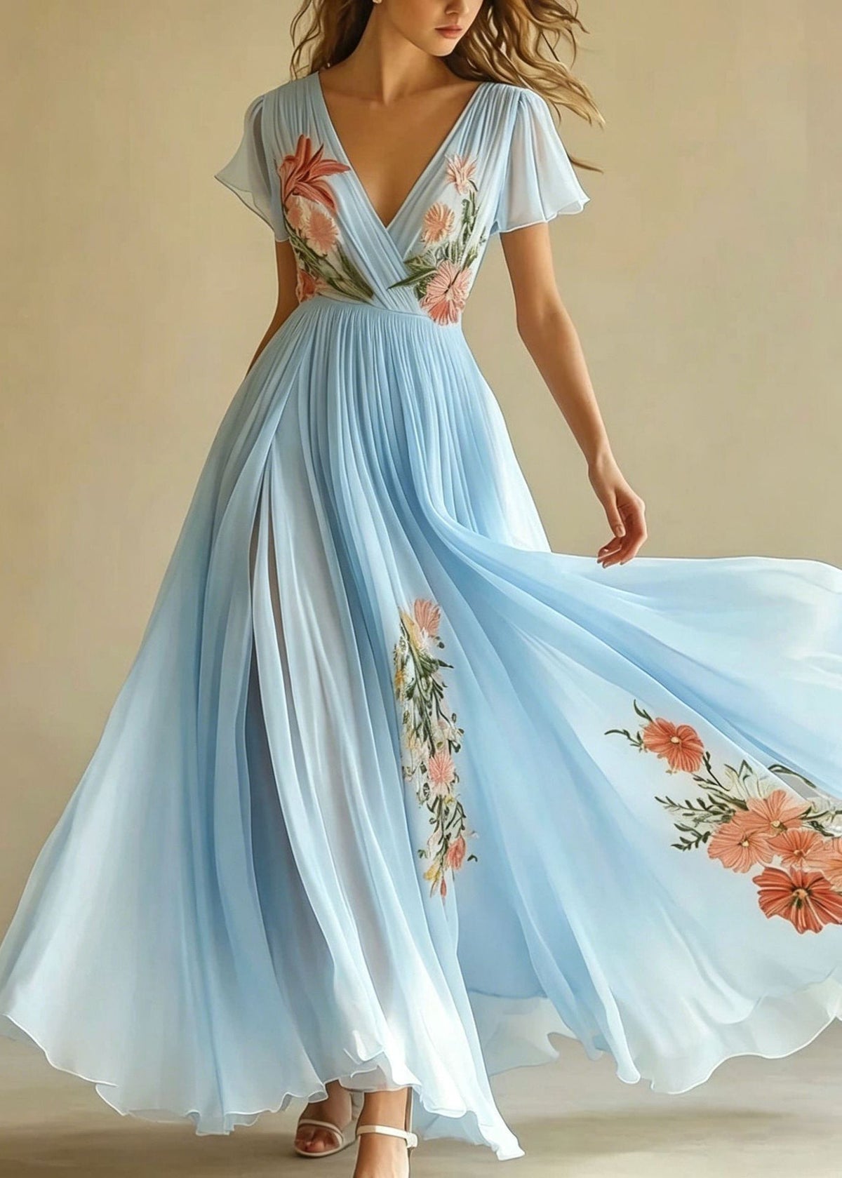 Chiffon Floral Embroidery Deep V-Neck Flutter Sleeve Maxi Gown - View 2