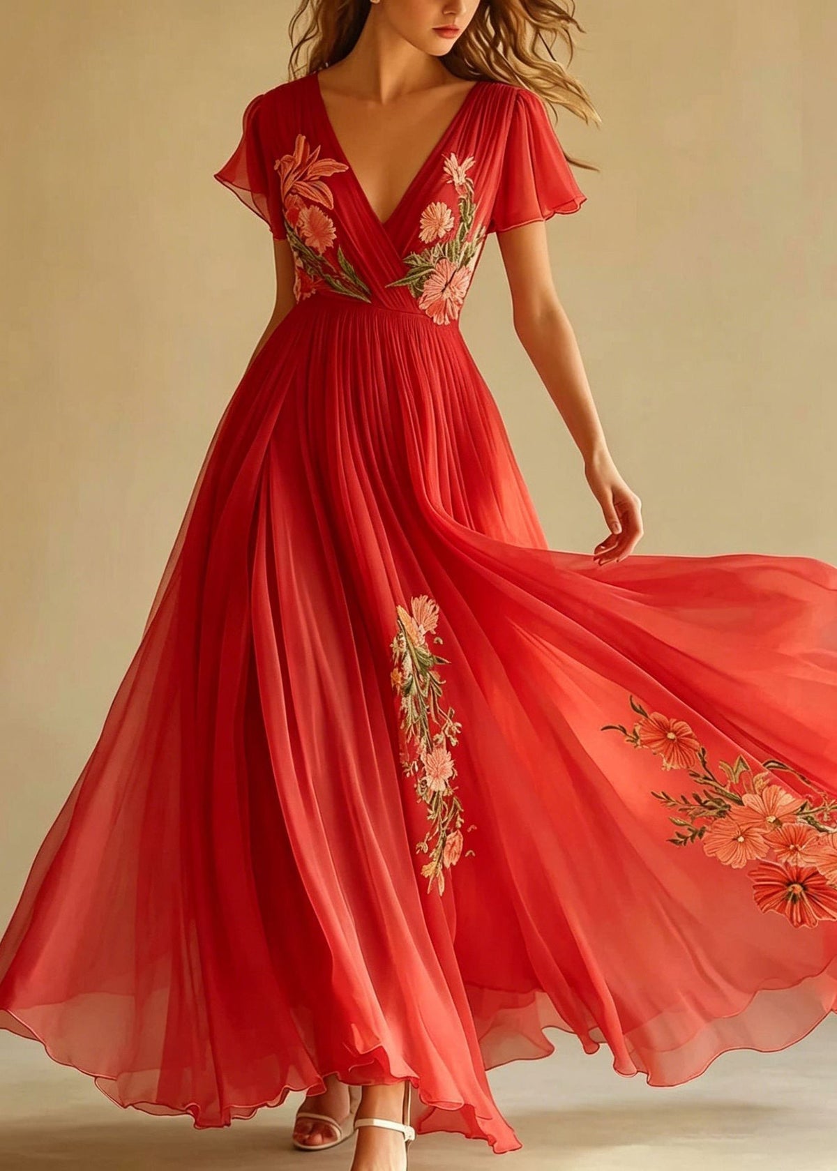 Chiffon Floral Embroidery Deep V-Neck Flutter Sleeve Maxi Gown - View 5