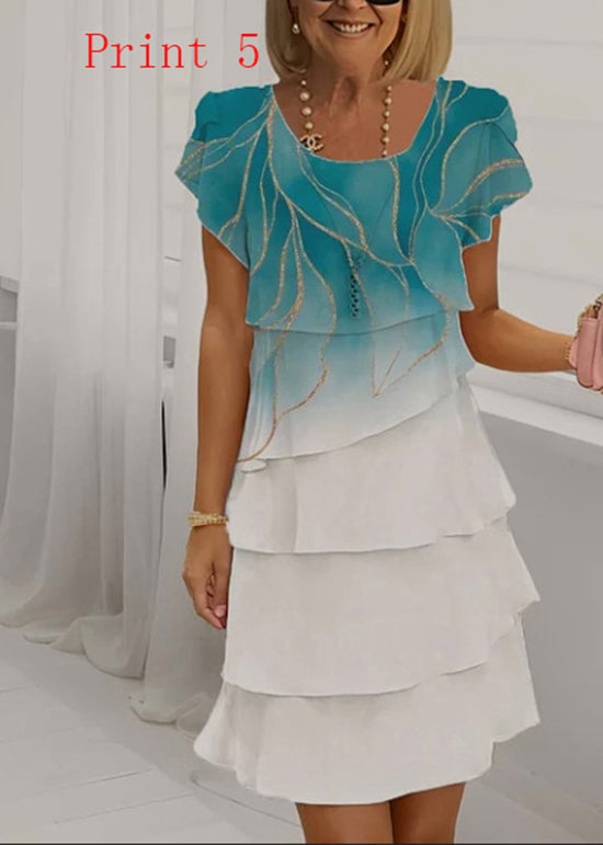 Women Print O Neck Ruffled Patchwork Chiffon Dress Summer - View 5