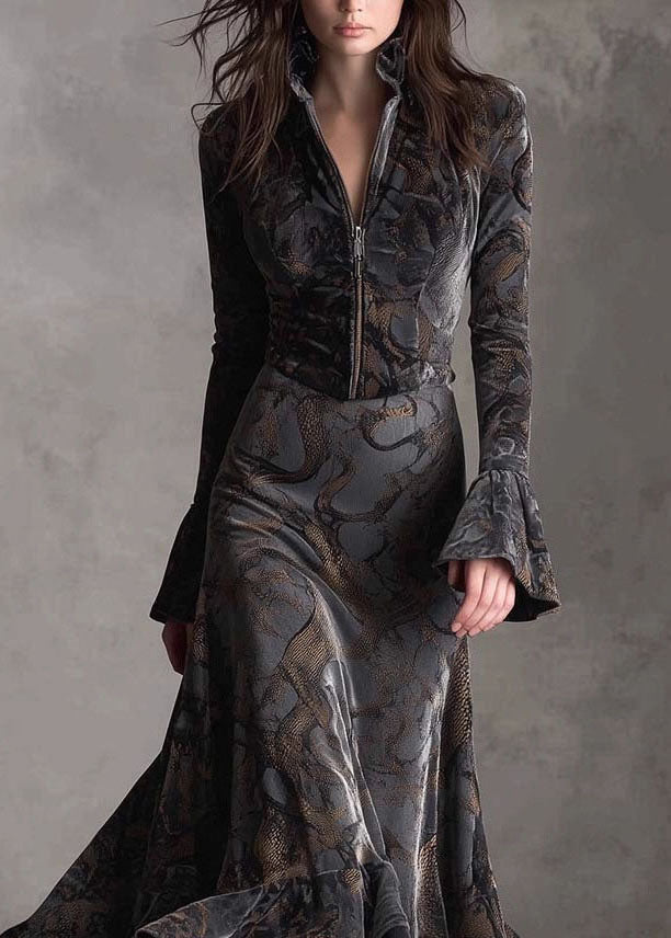 Women Print Zip Up Ruffled Patchwork Velvet Long Dresses Fall - View 5