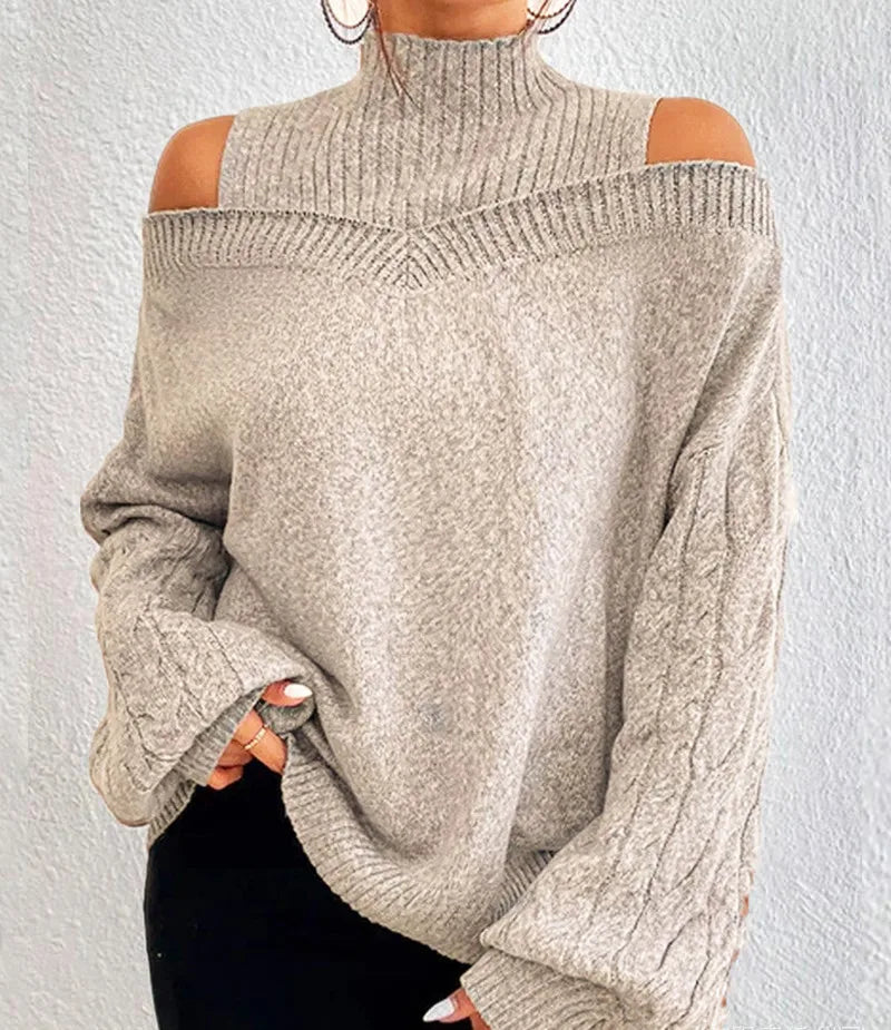 Off Shoulder Semi High Neck Knit Sweater apricot / S
