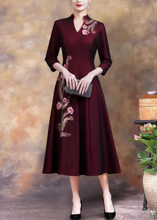 Floral Embroidery Mandarin Collar Three Quarter A-Line Midi Dress - View 2