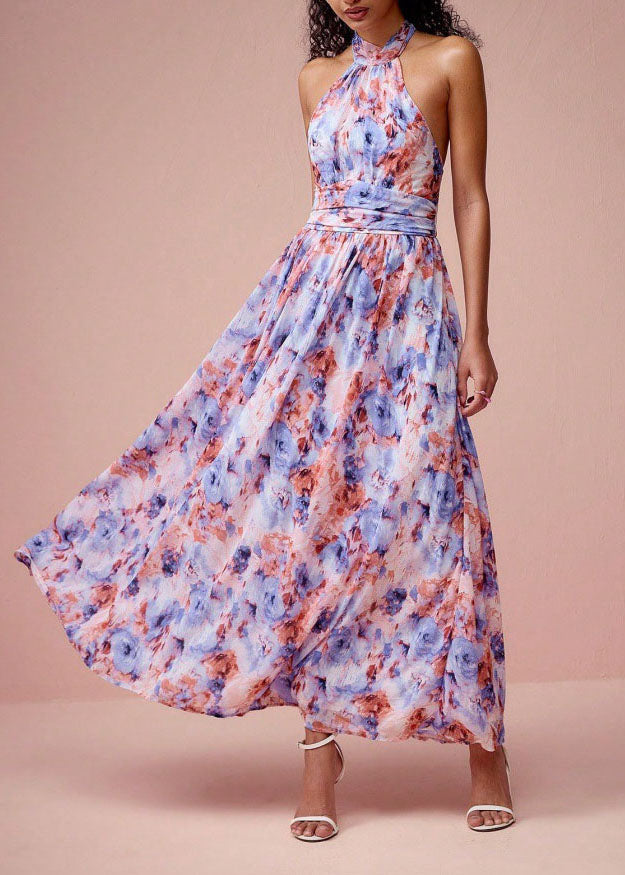 Halter Neck Pleated Cinched Waist A-Line Maxi Dress - View 3