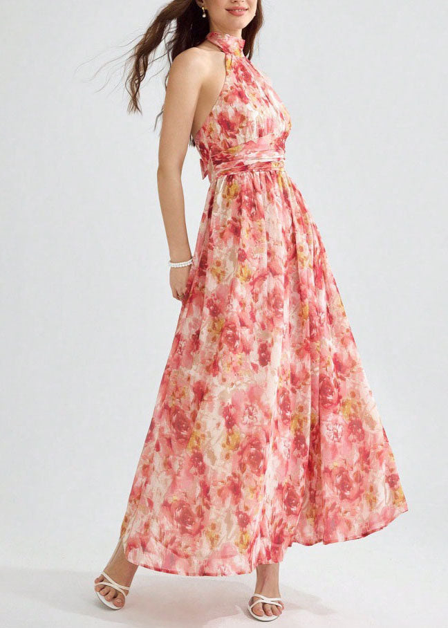 Halter Neck Pleated Cinched Waist A-Line Maxi Dress - View 4