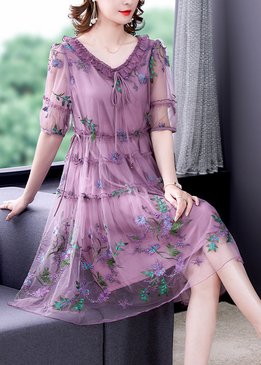Women Purple Ruffled Tulle Patchwork Chiffon A Line Dress Half Sleeve - View 2