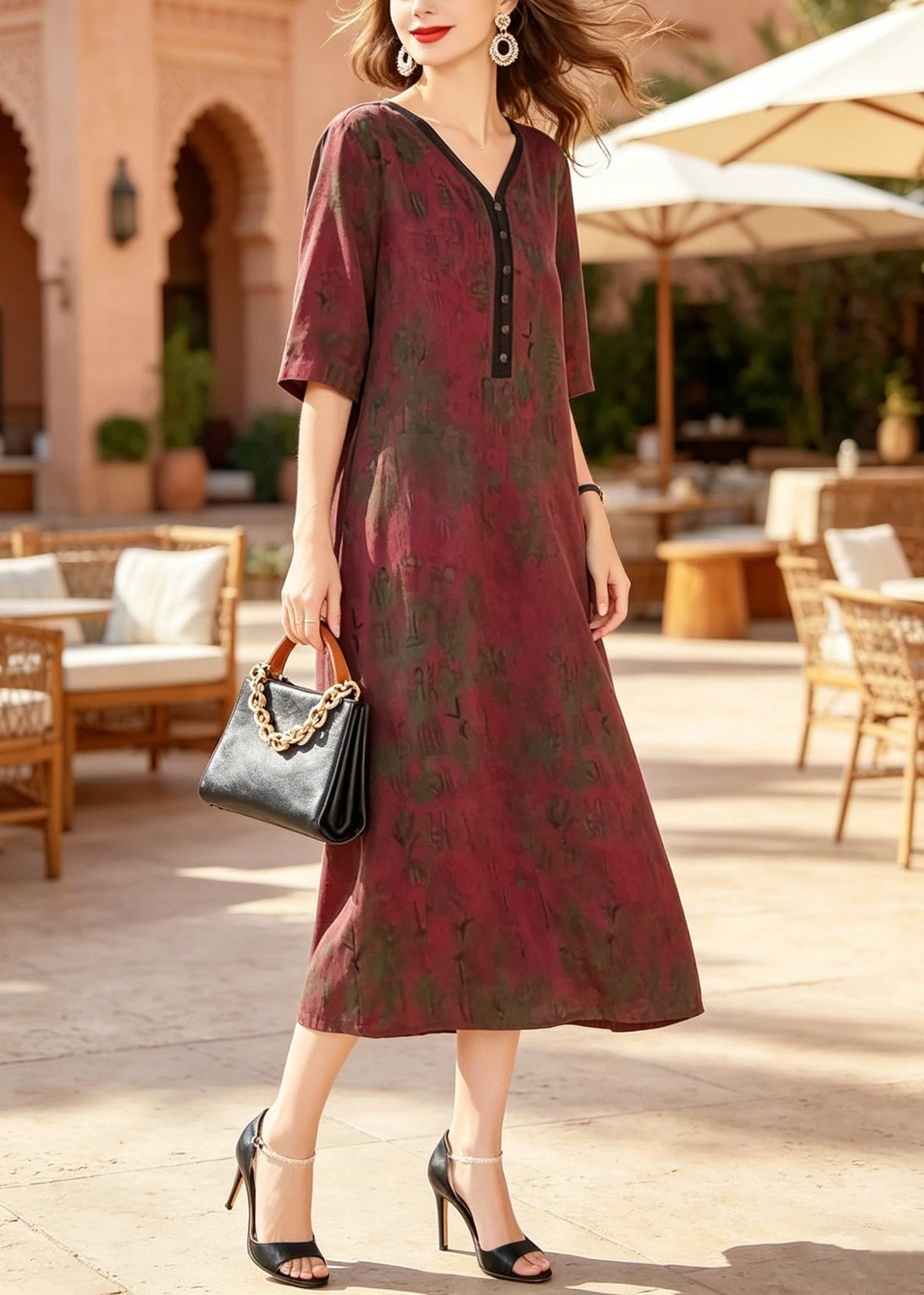 V-Neck Button Front Abstract Print Elbow Sleeve Relaxed Midi Dress - View 2