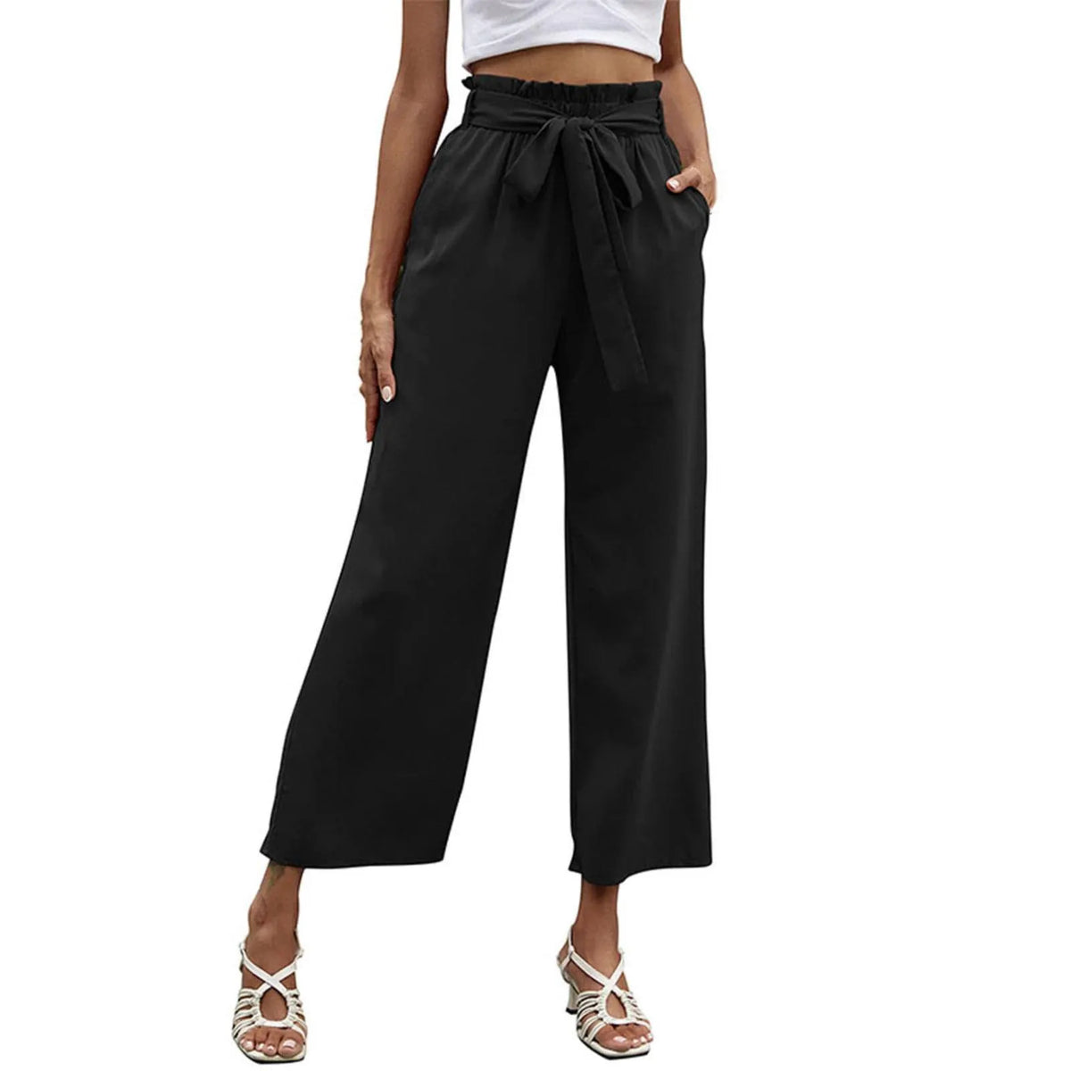 Bow Waistband Pleated Cotton Linen Pants Black / S