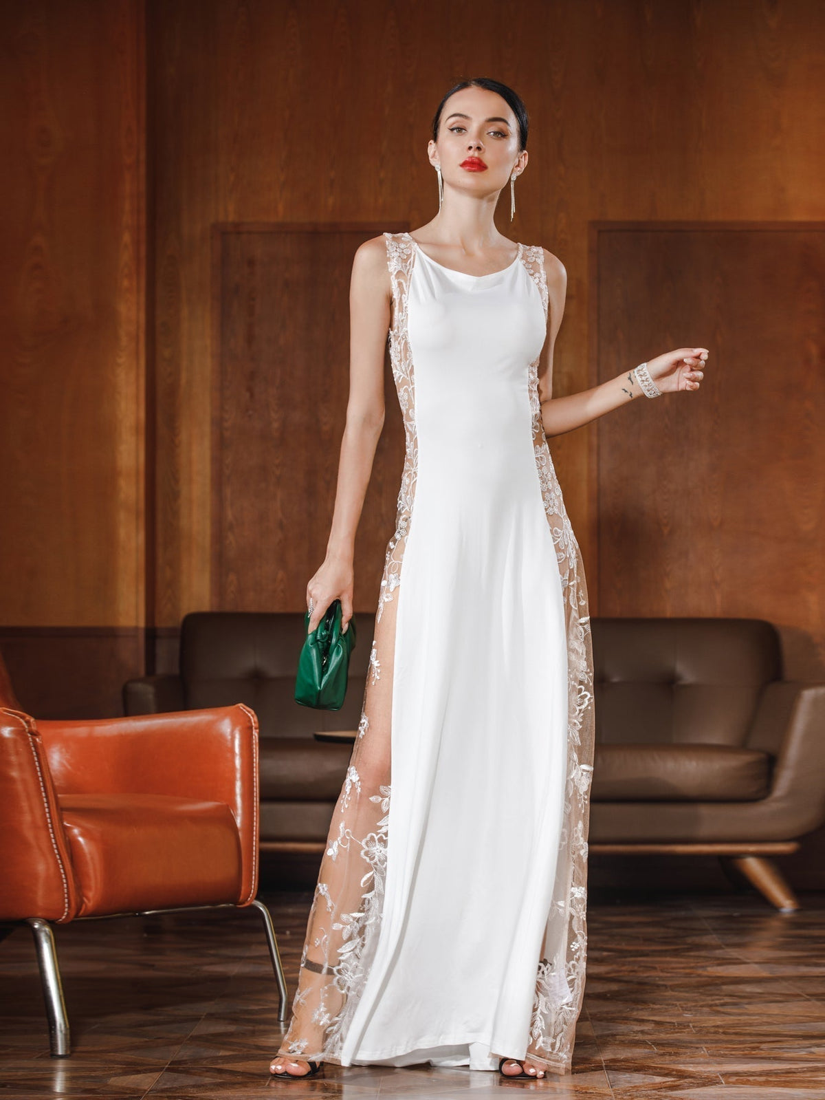 Satin Cowl Neck Sleeveless Floral Lace Mesh Panel Sheath Gown