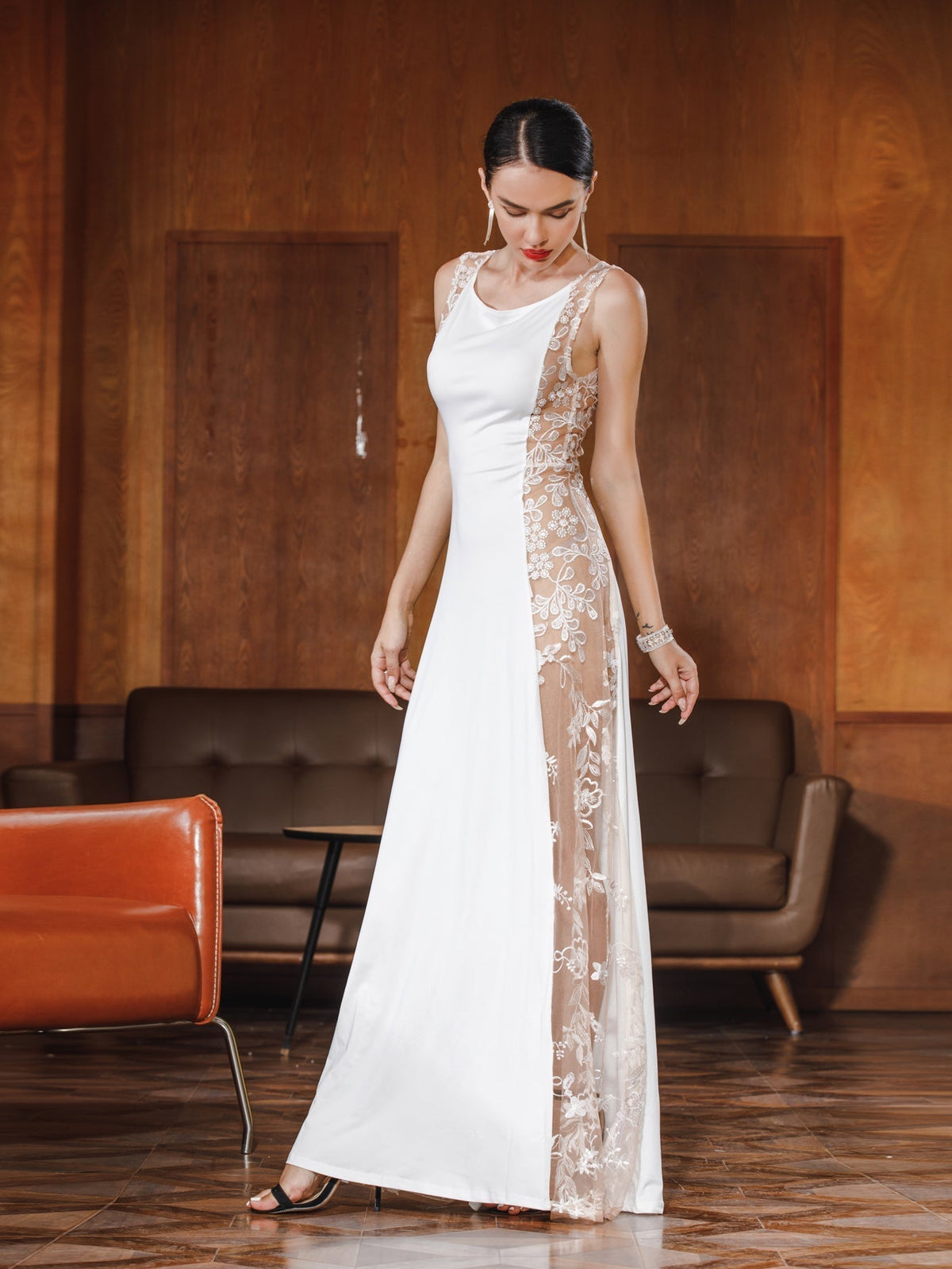 Satin Cowl Neck Sleeveless Floral Lace Mesh Panel Sheath Gown - View 3