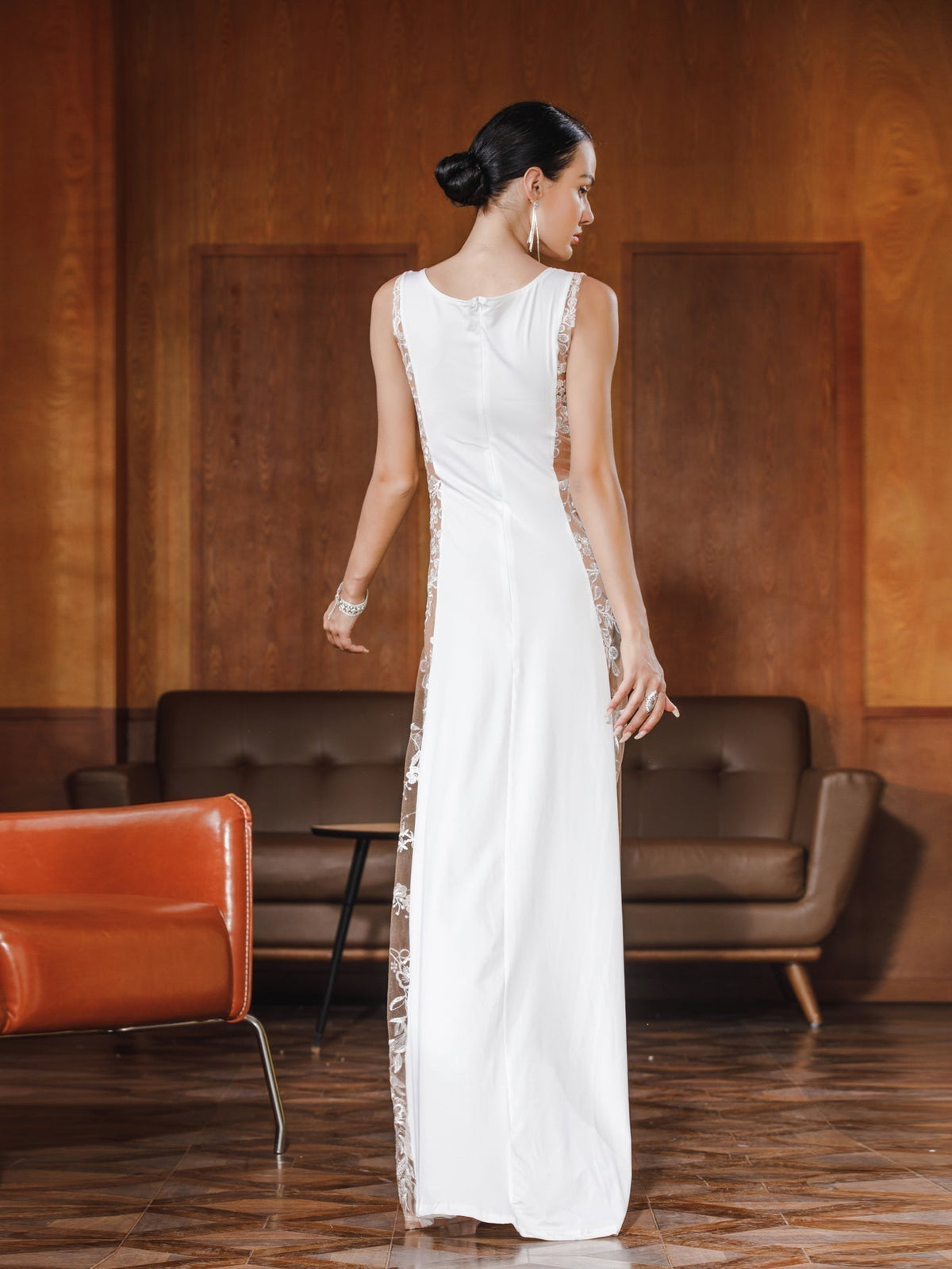 Satin Cowl Neck Sleeveless Floral Lace Mesh Panel Sheath Gown - View 6