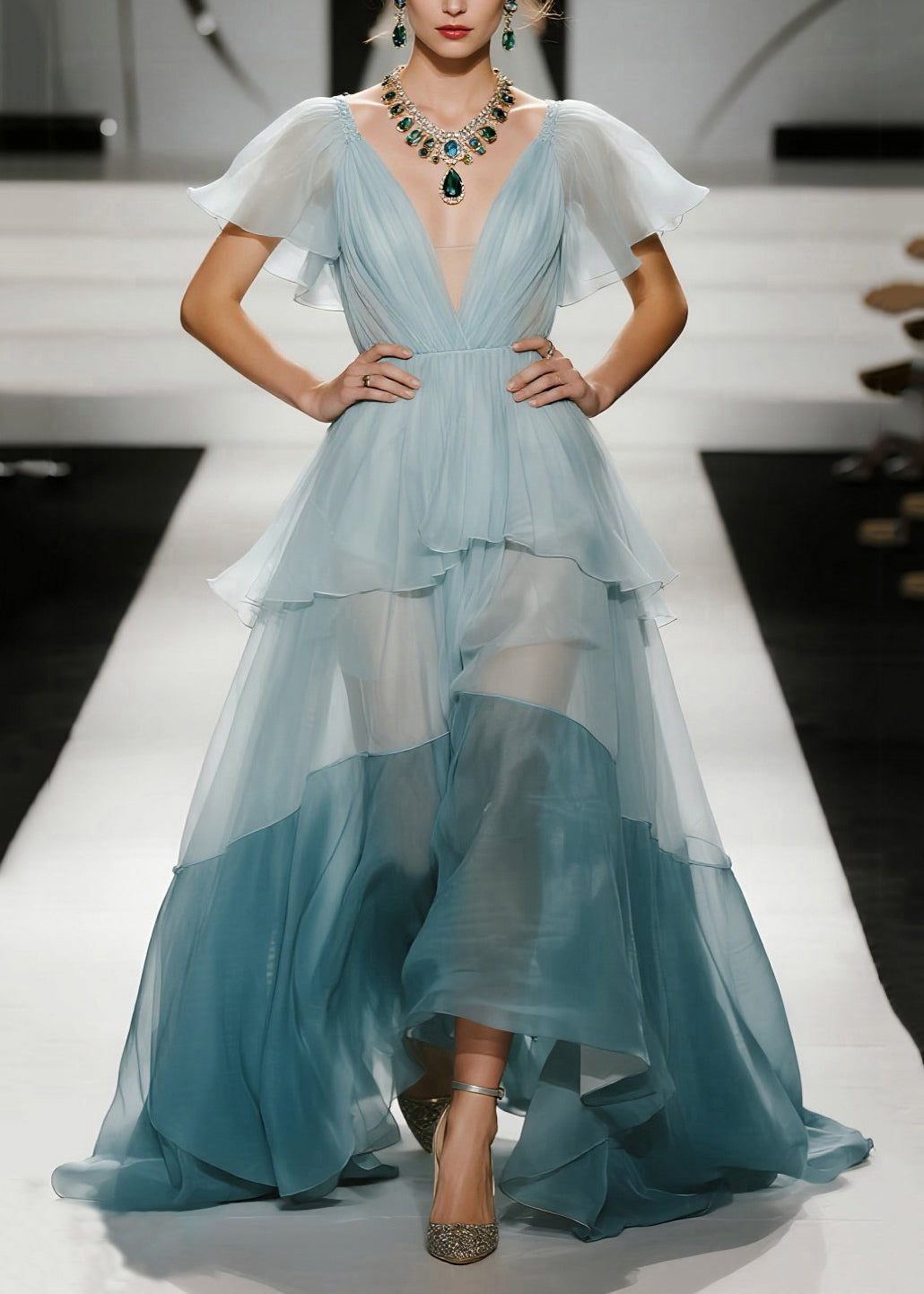 Organza Deep V-Neck Mesh Insert Flutter Sleeve Tiered Ruffle Maxi Gown - View 3