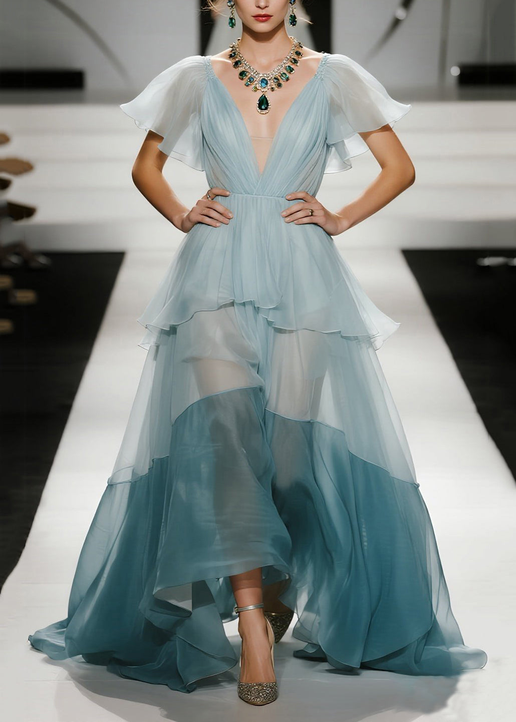 Organza Deep V-Neck Mesh Insert Flutter Sleeve Tiered Ruffle Maxi Gown - View 5