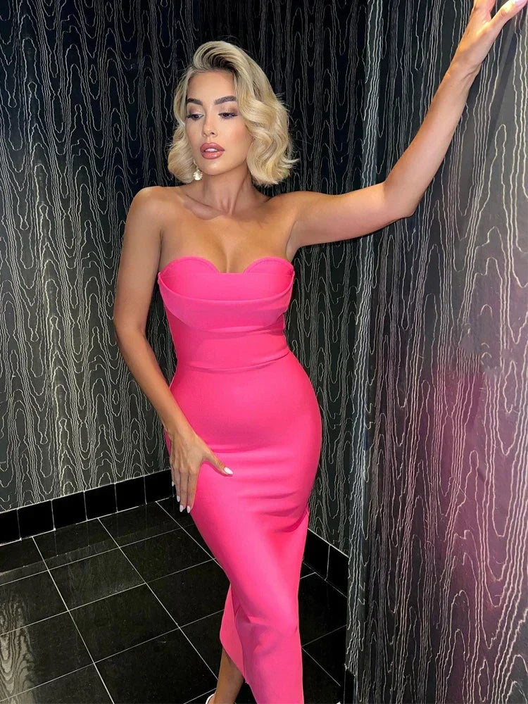 Bandage Strapless Sweetheart Bodycon Midi Dress - View 4