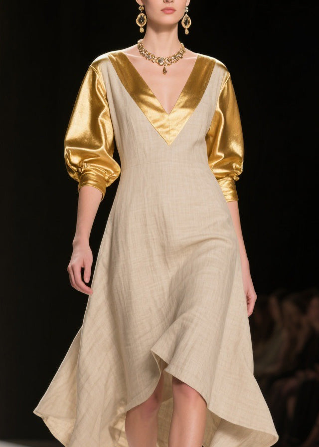 Deep V-Neck Metallic Puff Sleeve Woven A-Line Midi Dress - View 2