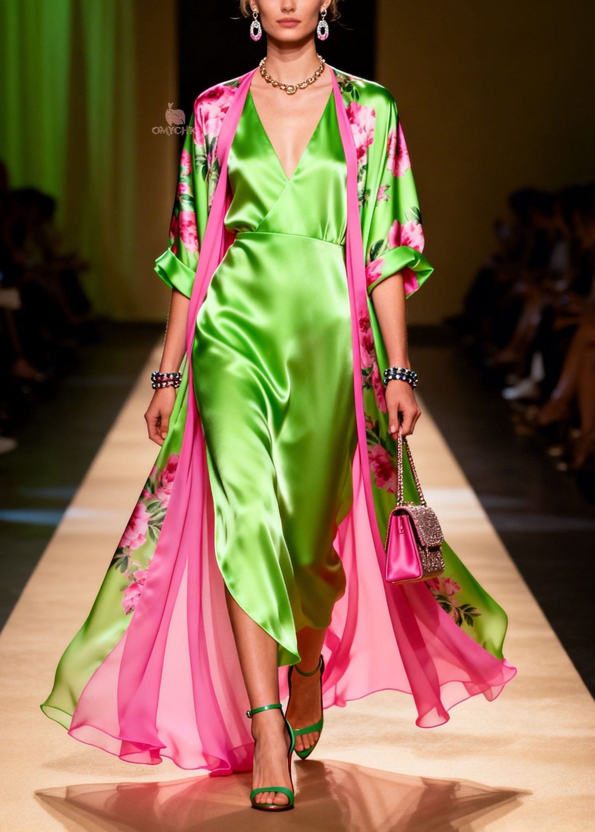 Deep V-Neck Wrap Midi Floral Print Open Front Lined Robe Set - View 3