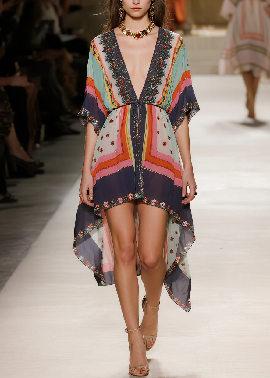 Embroidered Deep V-Neck Flutter Sleeve Drawstring High Low Mini Dress - View 3