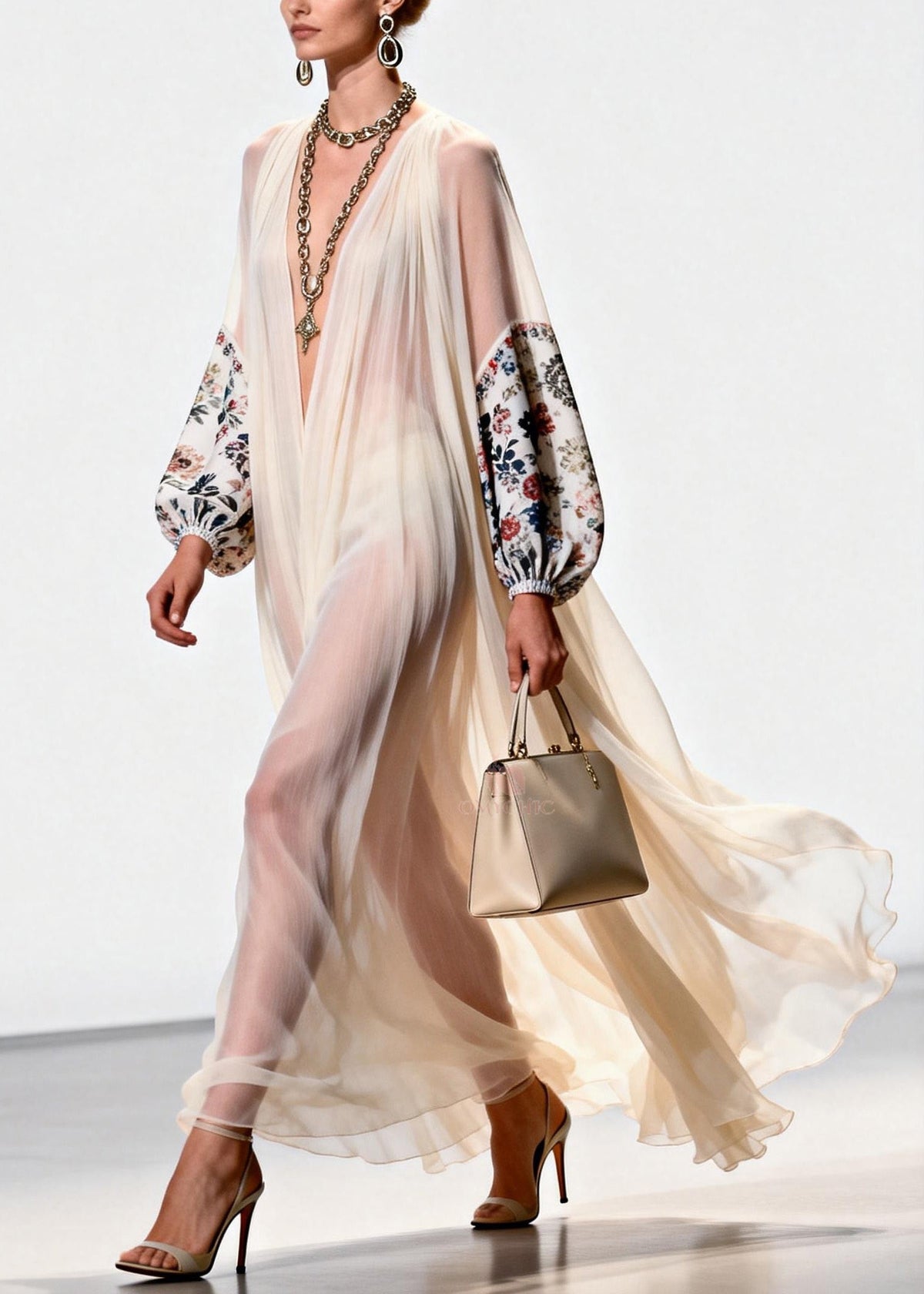 Floral Print Deep V-Neck Balloon Sleeve Sheer Pleated Maxi Gown - View 3