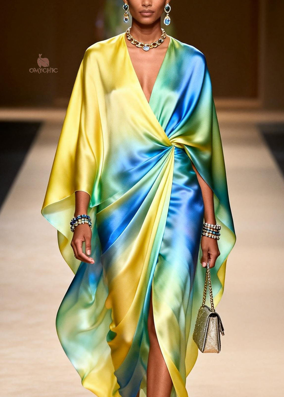 Satin Tie Dye Twisted Waist Deep V-Neck Cape Sleeve Maxi Gown - View 2