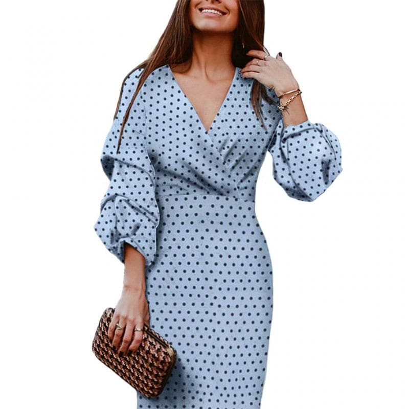 Polka Dot Surplice V-Neck Puff Sleeve Bodycon Mini Dress - View 4