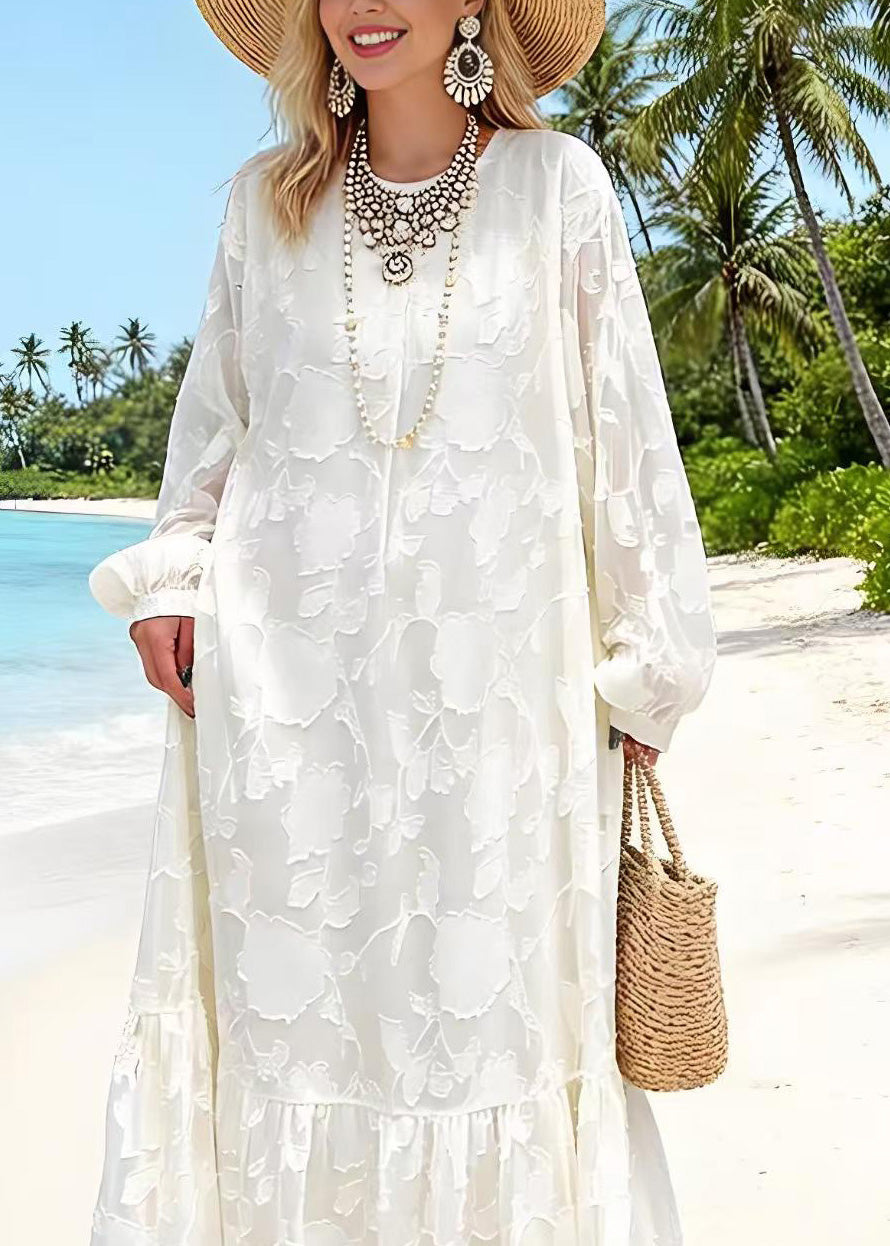 Floral Jacquard Round Neck Lantern Sleeve Tiered Ruffle Maxi Dress - View 2