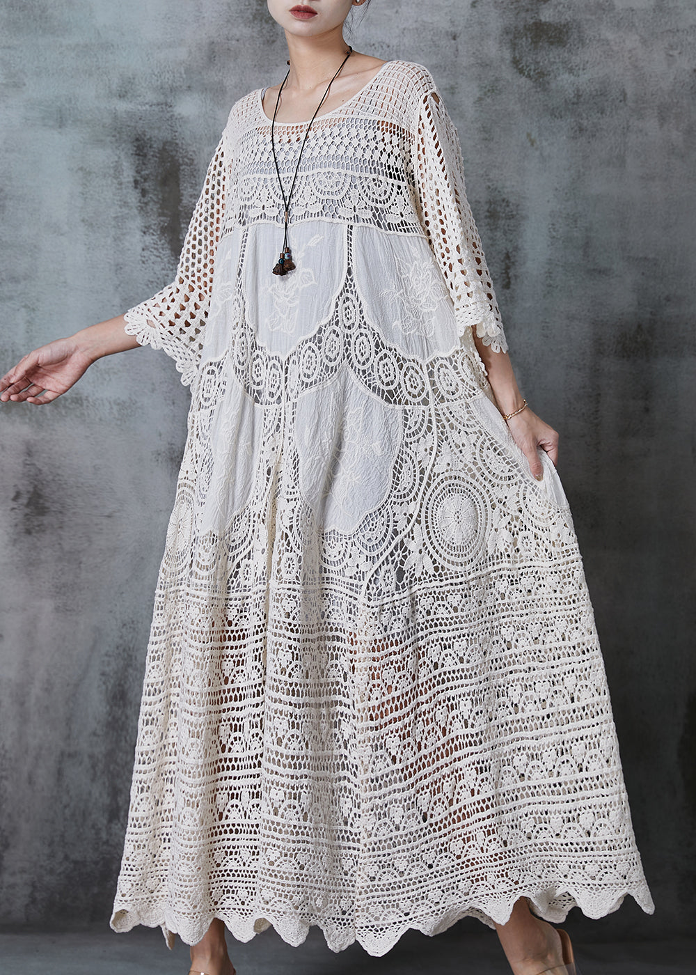 Crochet Lace Round Neck Three Quarter Sleeve Tiered Maxi Dress - View 2