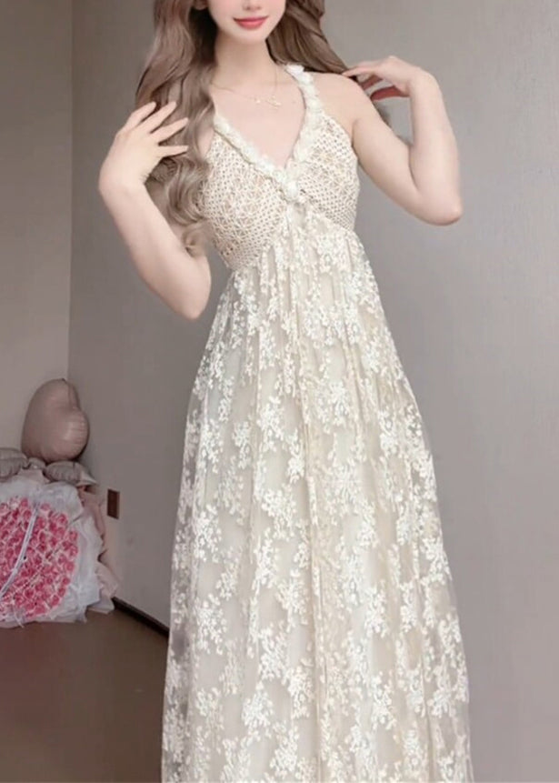 Women White V Neck Exra Large Hem Lace Spaghetti Strap Dress Summer - View 2