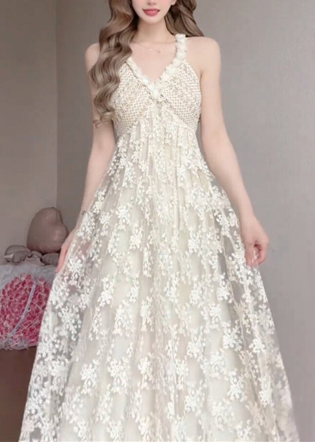 Women White V Neck Exra Large Hem Lace Spaghetti Strap Dress Summer - View 3