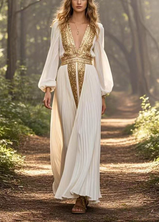 Metallic Embroidery Deep V-Neck Bishop Sleeve Accordion Maxi Gown