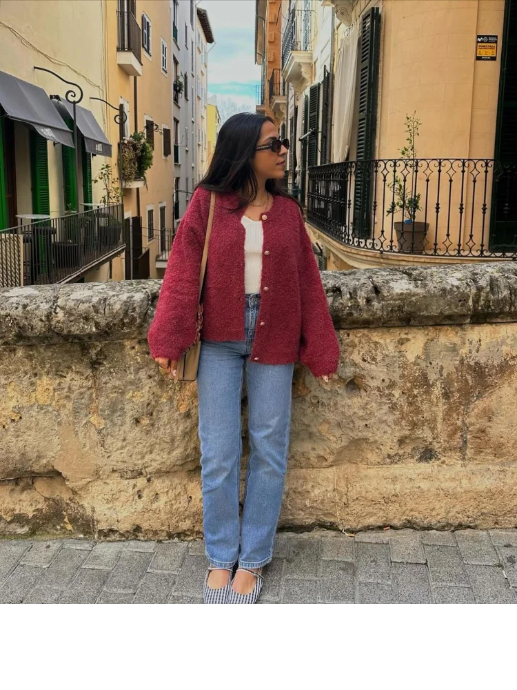 Wine Red Round Neck Button Cardigan