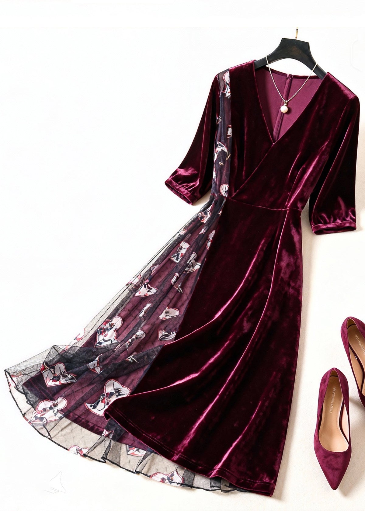 Velvet Wrap V-Neck Elbow Sleeve Mesh Panel Graphic Print Midi Dress - View 3