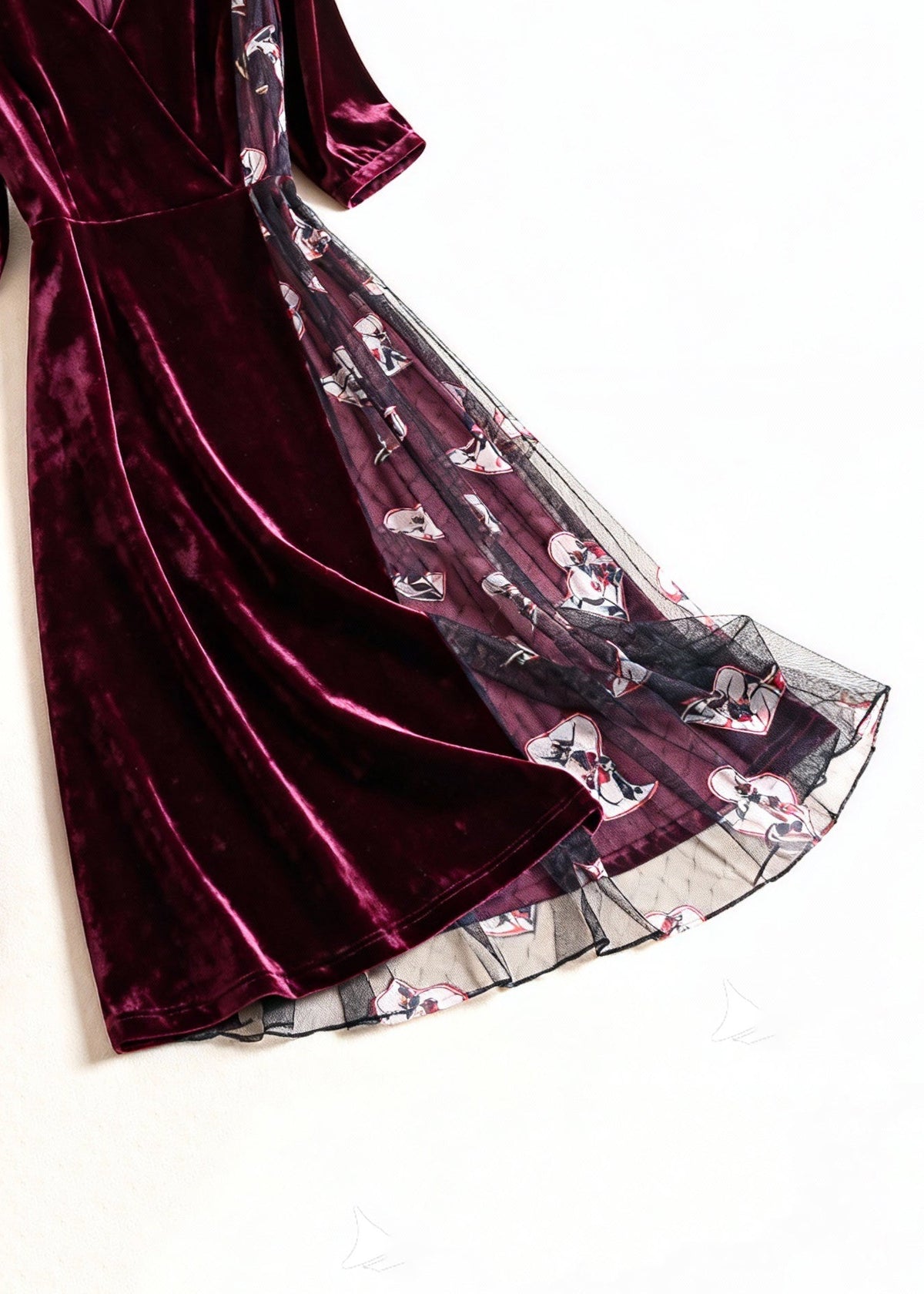 Velvet Wrap V-Neck Elbow Sleeve Mesh Panel Graphic Print Midi Dress - View 5