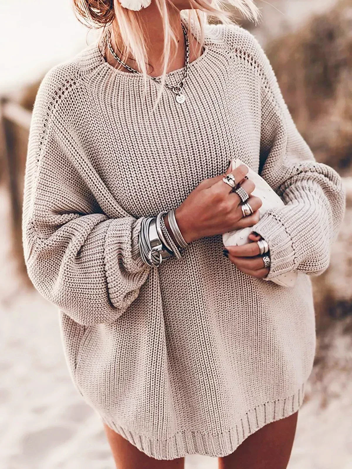 Simple Knit Elastic Winter Sweater khaki / S