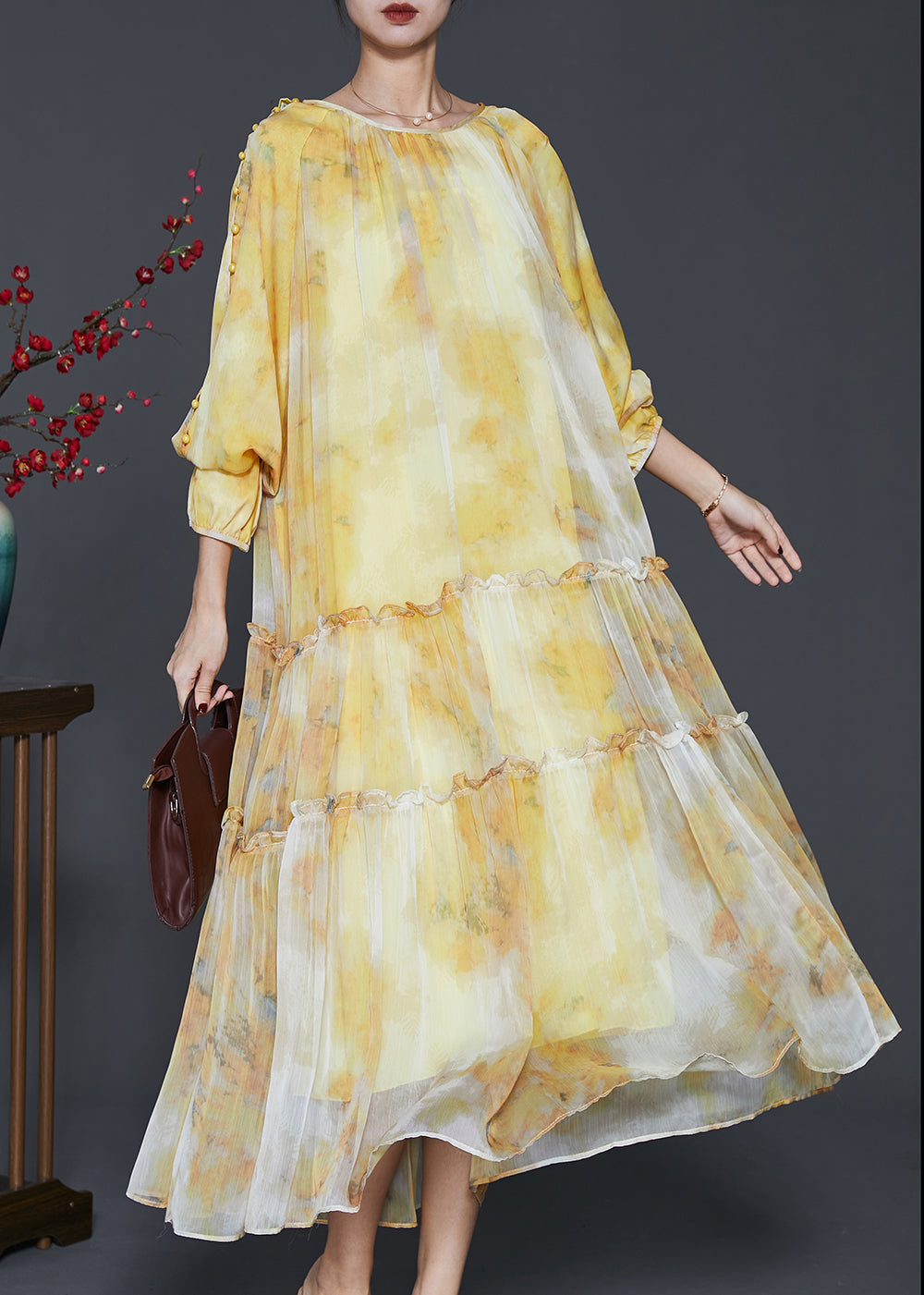 Women Yellow Ruffled Tie Dye Chiffon Maxi Dress Spring - View 3