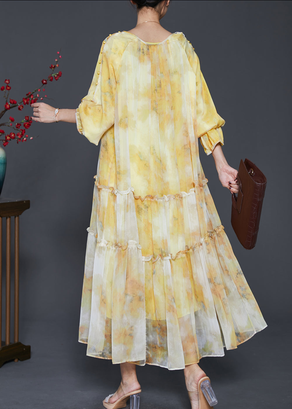 Women Yellow Ruffled Tie Dye Chiffon Maxi Dress Spring - View 4