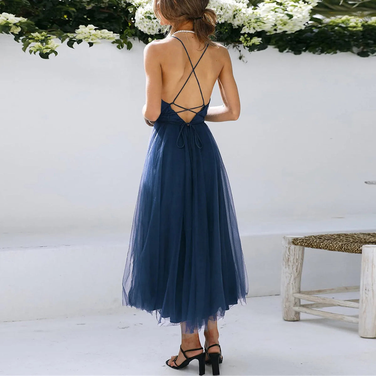Tulle Deep V-Neck Backless A-Line Midi Dress - View 5