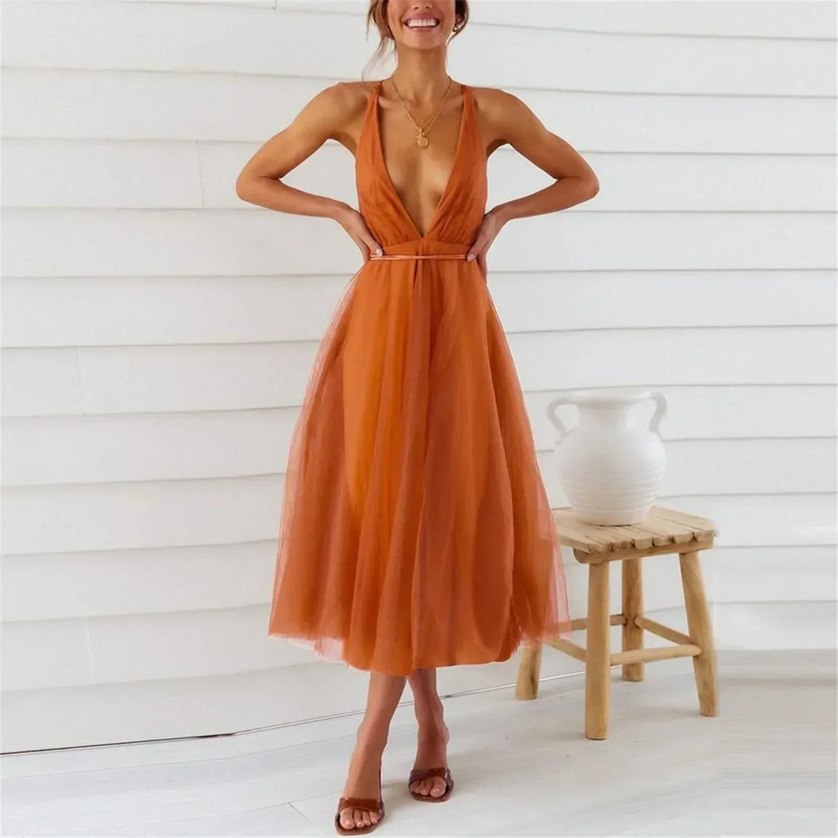 Tulle Deep V-Neck Backless A-Line Midi Dress - View 2