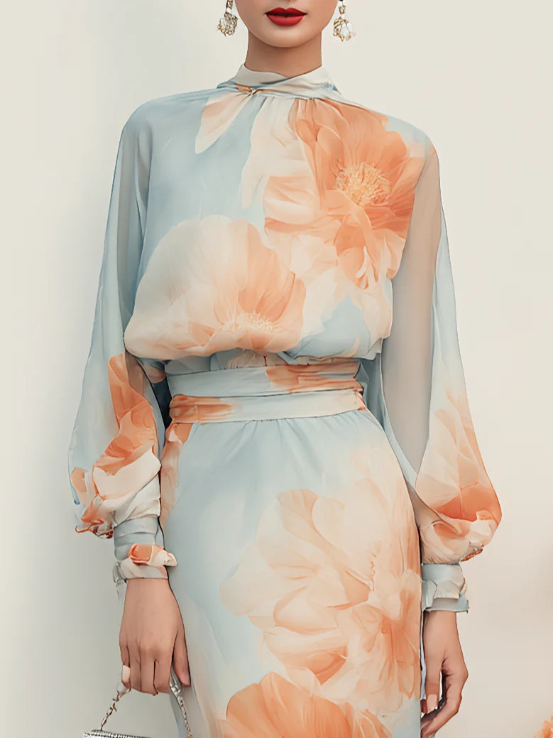 Floral Mock Neck Long Sleeve Top and Skirt Two Piece Set 3