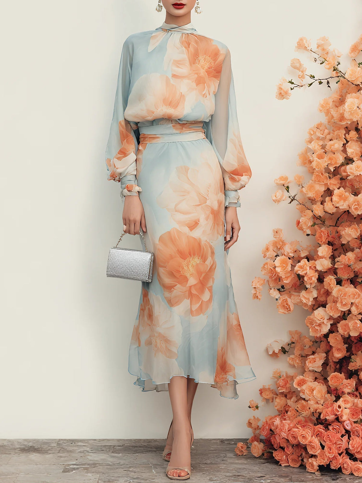 Floral Mock Neck Long Sleeve Top and Skirt Two Piece Set